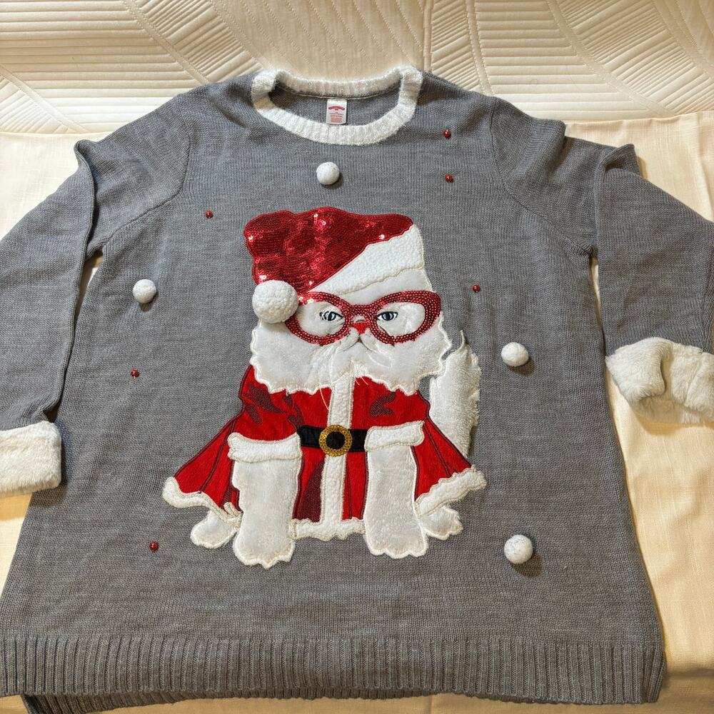 Holiday Time Womens 1X Christmas Sweater Santa Cat Sequin 3D Ugly Holiday Gray